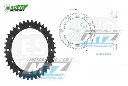 Rozeta ocelov (pevodnk) 0853-40zub ESJOT 50-32003-40 - Yamaha YZ100+YZ125+YZ250+YZ465 +YZ490+DT200R+DT250MX+DT400MX+IT175+IT200+IT250+IT400+IT465+IT490+TT350 +WR250+WR500 + Kreidler 170 Mustang Utility