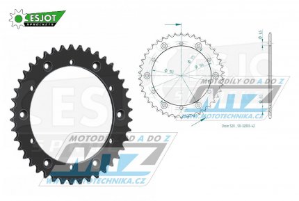 Rozeta ocelov (pevodnk) 0853-42zub ESJOT 50-32003-42 - Yamaha YZ100+YZ125+YZ250+YZ465 +YZ490+DT200R+DT250MX+DT400MX+IT175+IT200+IT250+IT400+IT465+IT490+TT350 +WR250+WR500 + Kreidler 170 Mustang Utility