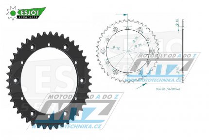 Rozeta ocelov (pevodnk) 0853-43zub ESJOT 50-32003-43 - Yamaha YZ100+YZ125+YZ250+YZ465 +YZ490+DT200R+DT250MX+DT400MX+IT175+IT200+IT250+IT400+IT465+IT490+TT350 +WR250+WR500 + Kreidler 170 Mustang Utility