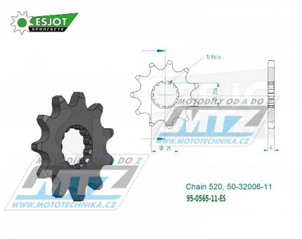 Koleko etzov (pastorek) 0565-11zub ESJOT 50-32006-11 - Yamaha YZ250+YZF450+YZF400+YZF426 + WRF400+WRF426+WRF450 + TDR250+TRZ250+TT500+XT500 + MT03-YZF-R3+YZF-R25 + YFZ450+YFM660R Raptor + Kawasaki ER6F+ER6N+W800+Z650 + KLE650 Versys+EX650 Ninja