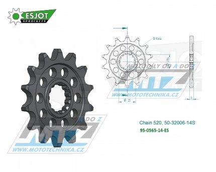 Koleko etzov (pastorek) 0565-14zub ESJOT 50-32006-14S - Yamaha YZ250+YZF450+YZF400+YZF426 + WRF400+WRF426+WRF450 + TDR250+TRZ250+TT500+XT500 + MT03-YZF-R3+YZF-R25 + YFZ450+YFM660R Raptor + Kawasaki ER6F+ER6N+W800+Z650 + KLE650 Versys+EX650 Ninja