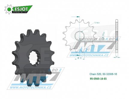 Koleko etzov (pastorek) 0565-16zub ESJOT 50-32006-16 - Yamaha YZ250+YZF450+YZF400+YZF426 + WRF400+WRF426+WRF450 + TDR250+TRZ250+TT500+XT500 + MT03-YZF-R3+YZF-R25 + YFZ450+YFM660R Raptor + Kawasaki ER6F+ER6N+W800+Z650 + KLE650 Versys+EX650 Ninja