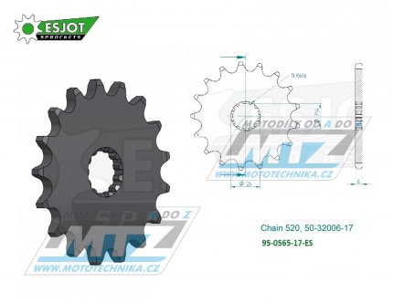 Koleko etzov (pastorek) 0565-17zub ESJOT 50-32006-17 - Yamaha YZ250+YZF450+YZF400+YZF426 + WRF400+WRF426+WRF450 + TDR250+TRZ250+TT500+XT500 + MT03-YZF-R3+YZF-R25 + YFZ450+YFM660R Raptor + Kawasaki ER6F+ER6N+W800+Z650 + KLE650 Versys+EX650 Ninja