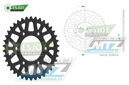 Rozeta ocelov (pevodnk) 0478-38zub ESJOT 50-32009-38 - Kawasaki ZX6R + ZX6RR + Z650 + Z750 + Z750R + ZXR400 + Z800 + EN650 Vulcan-S + EX650 Ninja 650ABS + EX650 Ninja 650SE + KLE650 Versys + KLE650 Versys ABS