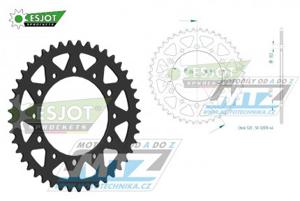 Rozeta ocelov (pevodnk) 1490-44zub ESJOT 50-32010-44 - Kawasaki EN500 Vulcan + W800 + W800 Special Edition + ZX4 + ZR400 Xanthus + ZX6R + Suzuki GSXR750 SRAD + GSX-R750 Fuel Injection + Honda NSR250RR