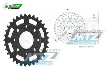 Rozeta ocelov (pevodnk) 0273-33zub ESJOT 50-32013-33 - Honda CMX250C / 96-16 + CMX250CD Rebel (USA) / 96-16 + CA125S Rebel / 95-01 + CMX250 Rebel / 00 + VT125C Shadow / 99-07 + XL125V Varadero / 01-13 + KTM 125 Duke / 11-13 + 200 Duke / 12-14