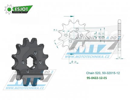 Koleko etzov (pastorek) 0422-12zub ESJOT 50-32015-12 - Cagiva 125 Enduro + 125WMX + Kawasaki KX125 + KDX175 + Suzuki DS185 + TC125 + TSR125 + TF185 + TS185 + GT200EX + SB200 + Yamaha YZ100 + YZ125 + BW350 + IT175