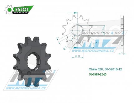 Koleko etzov (pastorek) 0569-12zub ESJOT 50-32016-12 - Yamaha YZ250+YZ465+YZ490 + WR250+XT250+DT250+DT400 + SR250+RZ250+RZ350 + TY250+TY300+TY350 + RD350YPVS+YFM350 Warrior+Raptor+Banshee + Kawasaki KX250+KX500 + KLX250+KLX300+KDX200+KDX220+KDX2