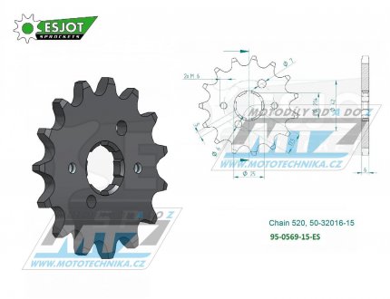 Koleko etzov (pastorek) 0569-15zub ESJOT 50-32016-15 - Yamaha YZ250+YZ465+YZ490 + WR250+XT250+DT250+DT400 + SR250+RZ250+RZ350 + TY250+TY300+TY350 + RD350YPVS+YFM350 Warrior+Raptor+Banshee + Kawasaki KX250+KX500 + KLX250+KLX300+KDX200+KDX220+KDX2