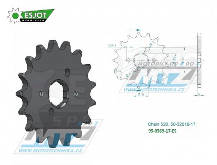 Koleko etzov (pastorek) 0569-17zub ESJOT 50-32016-17 - Yamaha YZ250+YZ465+YZ490 + WR250+XT250+DT250+DT400 + SR250+RZ250+RZ350 + TY250+TY300+TY350 + RD350YPVS+YFM350 Warrior+Raptor+Banshee + Kawasaki KX250+KX500 + KLX250+KLX300+KDX200+KDX220+KDX2