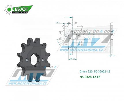 Koleko etzov (pastorek) 0328-12zub ESJOT 50-32022-12 - Honda XR200R+XR250R + XL125S+XL200R + XL200 Paris Dakar + CM250C + TLR200 Reflex + AJP PR3+PR4