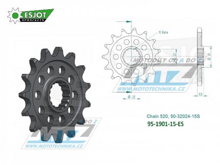 Koleko etzov (pastorek) 1901-15zub ESJOT 50-32024-15S - KTM 125+150+200+250+300+360+380SX+EXC + 250+350+400+450+500+520+525+530SXF+EXCF + SMR+Freeride + Husaberg TE+FE + Husqvarna TC+TE+FC+FE + Gas-Gas MC+MCF+EC+ECF + Beta RR + Maico+Polaris