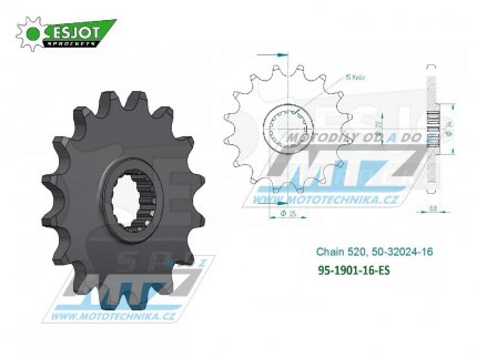 Koleko etzov (pastorek) 1901-16zub ESJOT 50-32024-16 - KTM 125+150+200+250+300+360+380SX+EXC + 250+350+400+450+500+520+525+530SXF+EXCF + SMR+Freeride + Husaberg TE+FE + Husqvarna TC+TE+FC+FE + Gas-Gas MC+MCF+EC+ECF + Beta RR + Maico+Polaris