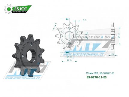 Koleko etzov (pastorek) 0270-11zub  ESJOT 50-32027-11 - Honda CA125Rebel + CB250 Night Hawk + CBX250+CM250+CMX250 + CMX250 Rebel + Derbi 250DXR + Kreidler Mustang + Yuki 250