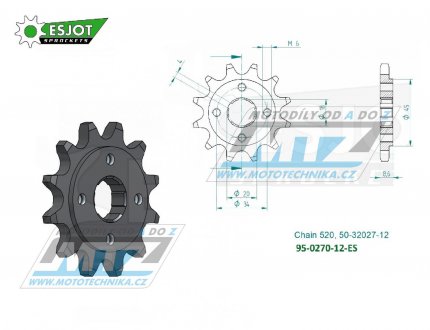 Koleko etzov (pastorek) 0270-12zub  ESJOT 50-32027-12 - Honda CA125Rebel + CB250 Night Hawk + CBX250+CM250+CMX250 + CMX250 Rebel + Derbi 250DXR + Kreidler Mustang + Yuki 250