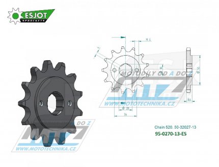 Koleko etzov (pastorek) 0270-13zub  ESJOT 50-32027-13 - Honda CA125Rebel + CB250 Night Hawk + CBX250+CM250+CMX250 + CMX250 Rebel + Derbi 250DXR + Kreidler Mustang + Yuki 250