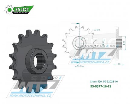 Koleko etzov (pastorek) 0577-16zub ESJOT 50-32028-16 - MuZ 600+660 + Yamaha SRX400 + TT600R + XT600 + SZR660 + XTZ660