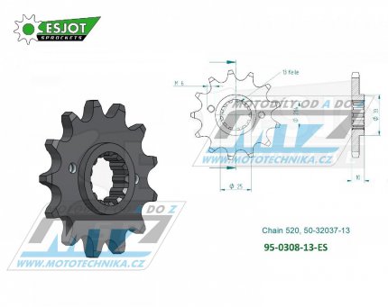 Koleko etzov (pastorek) 0308-13zub ESJOT 50-32037-13 - Honda FMX650 + FX650 Vigor + SLR650X + NX650 Dominator + SLR650V + Aprilia 650 Pegaso + Derbi 659 Mulhacen + Suzuki GSX-R1100 + Yamaha MT035 + XT660R + XTZ660Z Tenere