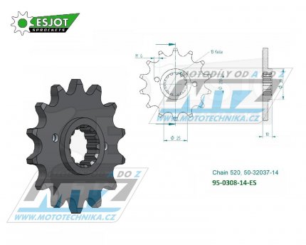 Koleko etzov (pastorek) 0308-14zub ESJOT 50-32037-14 - Honda FMX650 + FX650 Vigor + SLR650X + NX650 Dominator + SLR650V + Aprilia 650 Pegaso + Derbi 659 Mulhacen + Suzuki GSX-R1100 + Yamaha MT035 + XT660R + XTZ660Z Tenere