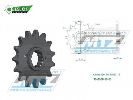 Koleko etzov (pastorek) 0308-15zub ESJOT 50-32037-15 - Honda FMX650 + FX650 Vigor + SLR650X + NX650 Dominator + SLR650V + Aprilia 650 Pegaso + Derbi 659 Mulhacen + Suzuki GSX-R1100 + Yamaha MT035 + XT660R + XTZ660Z Tenere