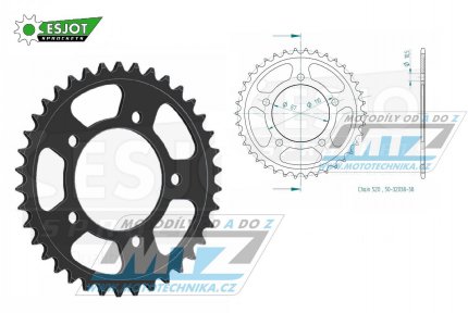 Rozeta ocelov (pevodnk) 0823-38zub ESJOT 50-32038-38 - Suzuki GS400 + GS500 + GSF250 + GSR250 + GSX250R + GW250 Inazuma + SV400 + SFV650 Gladius + SV650 L + DL250 V-Strom + GSX250R + GSX250 F Acrosse