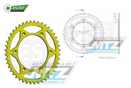 Rozeta ocelov (pevodnk) 0808-44zub ESJOT ULTRALIGHT 50-32041-44-LY lut - Kawasaki KLX400 + Suzuki DR250 + DR350 + DRZ250 + DRZ400 + RM100 + RM125 + RM250 + RMX250 + RMZ250 + RMZ450 + RMX450 + TSR125 + TSR200