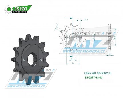 Koleko etzov (pastorek) 0327-13zub ESJOT 50-32042-13 - Honda CRM125 + NSR125R + VT125C Shadow + XL125V Varadero + CRF150F + CRF230F + XR250R + CBX250H + XR250L + NSR125R + Kymco 50MXer + 50MXU