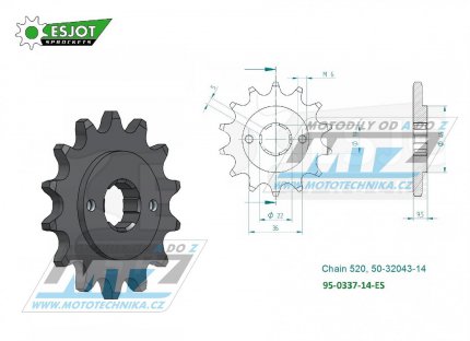 Koleko etzov (pastorek) 0337-14zub ESJOT 50-32043-14 - Honda ATC250R + TRX250R + CR250R + CR450RB + CR480R + CR500R