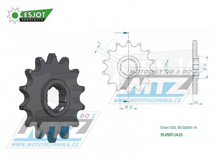 Koleko etzov (pastorek) 0507-14zub ESJOT 50-32045-14 - Kawasaki KX250+KX420+KX500 + Kawasaki KDX250+KDX400+KDX450+KE250 + KLT200+KXT250 Tecate + Husqvarna CR250+CR360 + WR250+WR360 + Cagiva WMX250