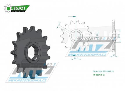 Koleko etzov (pastorek) 0507-15zub ESJOT 50-32045-15 - Kawasaki KX250+KX420+KX500 + Kawasaki KDX250+KDX400+KDX450+KE250 + KLT200+KXT250 Tecate + Husqvarna CR250+CR360 + WR250+WR360 + Cagiva WMX250