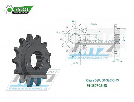 Koleko etzov (pastorek) 1307-13zub ESJOT 50-32050-13 - Honda XR650R + Kawasaki ZX6R Ninja + ZX6RR Ninja