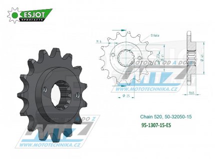 Koleko etzov (pastorek) 1307-15zub ESJOT 50-32050-15 - Honda XR650R + Kawasaki ZX6R Ninja + ZX6RR Ninja