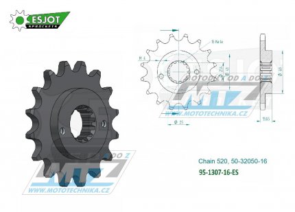 Koleko etzov (pastorek) 1307-16zub ESJOT 50-32050-16 - Honda XR650R + Kawasaki ZX6R Ninja + ZX6RR Ninja