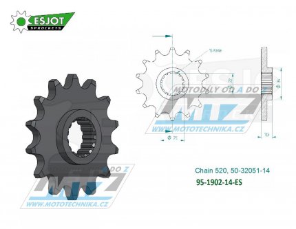 Koleko etzov (pastorek) 1902-14zub ESJOT 50-32051-14 - KTM LC4 350+400+600+620+625+640 + 400+620+640 Duke + 625+660 SMC + 690 Enduro+690Duke+690SMC + 790+890 Adventure + 790+890 Duke + Husqvarna 701 Enduro+Supermoto + 701 Svartpilen+Vitpilen