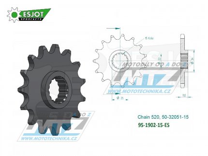 Koleko etzov (pastorek) 1902-15zub ESJOT 50-32051-15 - KTM LC4 350+400+600+620+625+640 + 400+620+640 Duke + 625+660 SMC + 690 Enduro+690Duke+690SMC + 790+890 Adventure + 790+890 Duke + Husqvarna 701 Enduro+Supermoto + 701 Svartpilen+Vitpilen