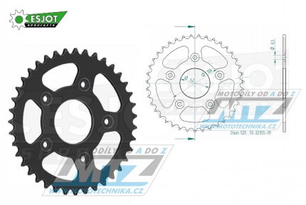 Rozeta ocelov (pevodnk) 0021-39zub ESJOT 50-32055-39 - Aprilia 125 Pegaso / 89-99 + 125 Tuareg Wind / 90-92