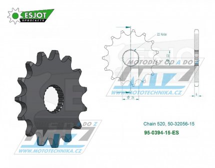 Koleko etzov (pastorek) 0394-15zub ESJOT 50-32056-15 - Aprilia Climber 240 + Climber 280 + Climber 300 + 125RS + 125 Red Rose + 125 Pegaso + 125RX + 125 Tuareg + 125 Tuono + 125 AFI + 125SX + 125MX + 125RX + Bombardier 450DS