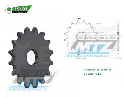 Koleko etzov (pastorek) 0394-16zub ESJOT 50-32056-16 - Aprilia Climber 240 + Climber 280 + Climber 300 + 125RS + 125 Red Rose + 125 Pegaso + 125RX + 125 Tuareg + 125 Tuono + 125 AFI + 125SX + 125MX + 125RX + Bombardier 450DS