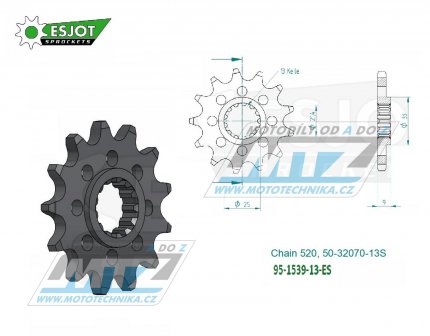 Koleko etzov (pastorek) 1539-13zub ESJOT 50-32070-13S - Kawasaki KLX230 + KLE300 Versys + EX250 Ninja+EX400 Ninja + Z300+Z400+Z500 + EL500 Eliminator + ZX10R Ninja + KEF300 Lakota+KES300 Lakota