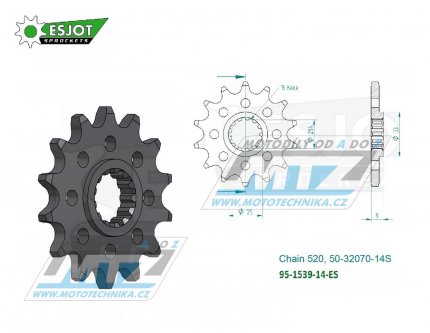 Koleko etzov (pastorek) 1539-14zub ESJOT 50-32070-14S - Kawasaki KLX230 + KLE300 Versys + EX250 Ninja+EX400 Ninja + Z300+Z400+Z500 + EL500 Eliminator + ZX10R Ninja + KEF300 Lakota+KES300 Lakota