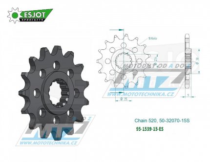 Koleko etzov (pastorek) 1539-15zub ESJOT 50-32070-15S - Kawasaki KLX230 + KLE300 Versys + EX250 Ninja+EX400 Ninja + Z300+Z400+Z500 + EL500 Eliminator + ZX10R Ninja + KEF300 Lakota+KES300 Lakota