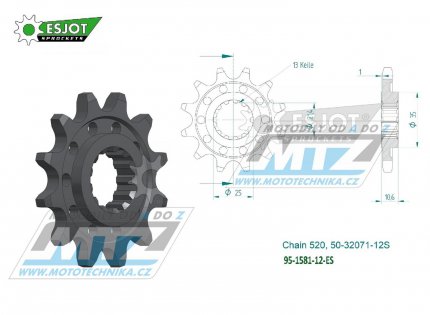 Koleko etzov (pastorek) 1581-12zub ESJOT 50-32071-12S - Yamaha FZ6 + FZ6 Fazer + FZ6 S2 + YZF R6 + YZF750R + YZFR7