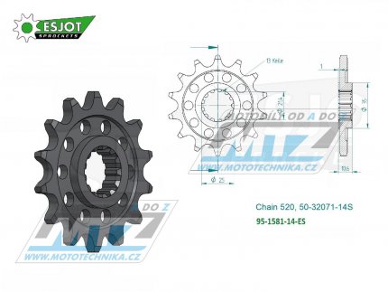 Koleko etzov (pastorek) 1581-14zub ESJOT 50-32071-14S - Yamaha FZ6 + FZ6 Fazer + FZ6 S2 + YZF R6 + YZF750R + YZFR7