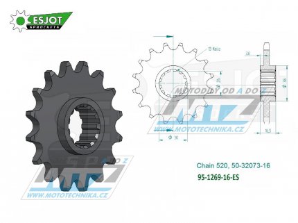 Koleko etzov (pastorek) 1269-16zub ESJOT 50-32073-16 - Honda CBR600F + CBR600RA (C-ABS) + CBR600RR + CBR900RR Fireblade + CBR1000RR Fireblade + CBR1000RA Fireblade + CBR1000S Fireblade SP + VTR1000SP