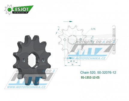 Koleko etzov (pastorek) 1352-12zub ESJOT 50-32076-12 - Honda TR250R+TRX300X + TRX250EX Fourtrax+TRX300EX Sporttrax / 93-08 + TRX250X / 86-92 + ATC200+ATC200X + Adly 300 / 00-10