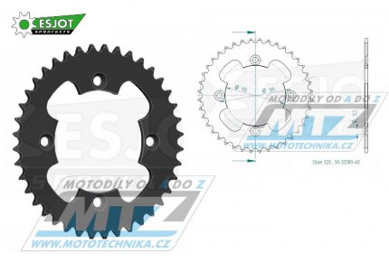 Rozeta ocelov (pevodnk) 1350-40zub ESJOT 50-32089-40 - Honda TRX250R / 87-89 + TRX250R Fourtrax / 86-89 + ATC250R / 86 + TRX300EX Sporttrax / 93-08 + TRX300X / 09 + TRX400EX Sporttrax / 99-04 + TRX400X / 12-14 + TRX400EX Sportrax / 05-08 + TRX450