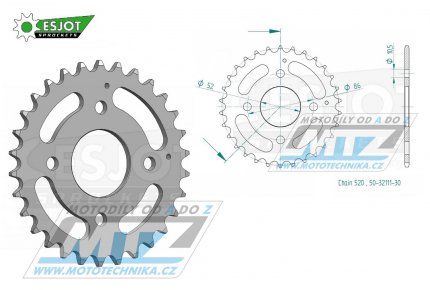 Rozeta ocelov (pevodnk) 32111-30zub ESJOT 50-32111-30 - Kymco MXER50 / 02 + MXU50 / 04-07 + MXU50 Reverse / 07-08 + Mxer+MXU150 / 02-13 + MXU150 / 06