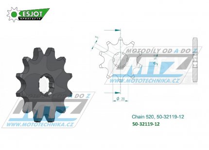 Koleko etzov (pastorek) 32119-12zub ESJOT 50-32119-12 - Gas-Gas TXT125+TXT200+TXT321 + TXT249+TXT280 / 01-17 + 125 Pampera / 02 + 250 Pampera / 97-01