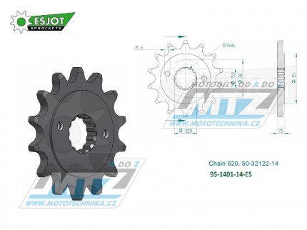 Koleko etzov (pastorek) 1401-14zub ESJOT 50-32122-14 - Kawasaki KSF400 + Suzuki LTZ400 Quadsport + LTR450 Quadracer