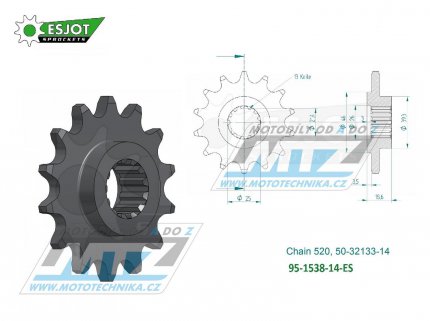 Koleko etzov (pastorek) 1538-14zub ESJOT 50-32133-14 - Kawasaki Z750 + Z750R + Z750S + Z800 + Z800e + Z800 Sugomi Edition